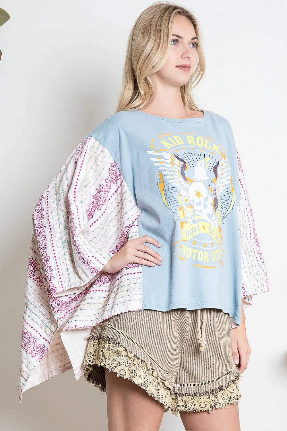 BlueVelvet Eagle Print Top with Mixed Print Sewn Poncho Sleeves in Light Blue