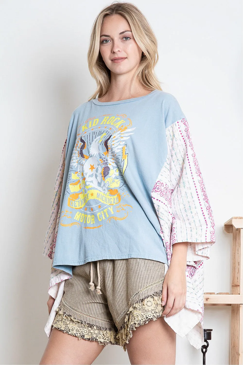 BlueVelvet Eagle Print Top with Mixed Print Sewn Poncho Sleeves in Light Blue