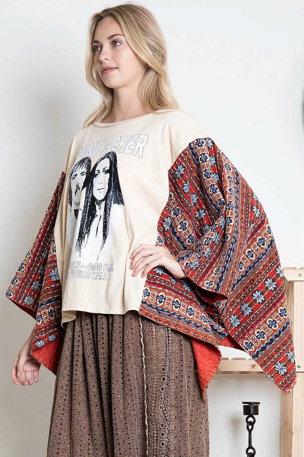 BlueVelvet Sonny & Cher Print Top with Mixed Print Sewn Poncho Sleeves in Beige