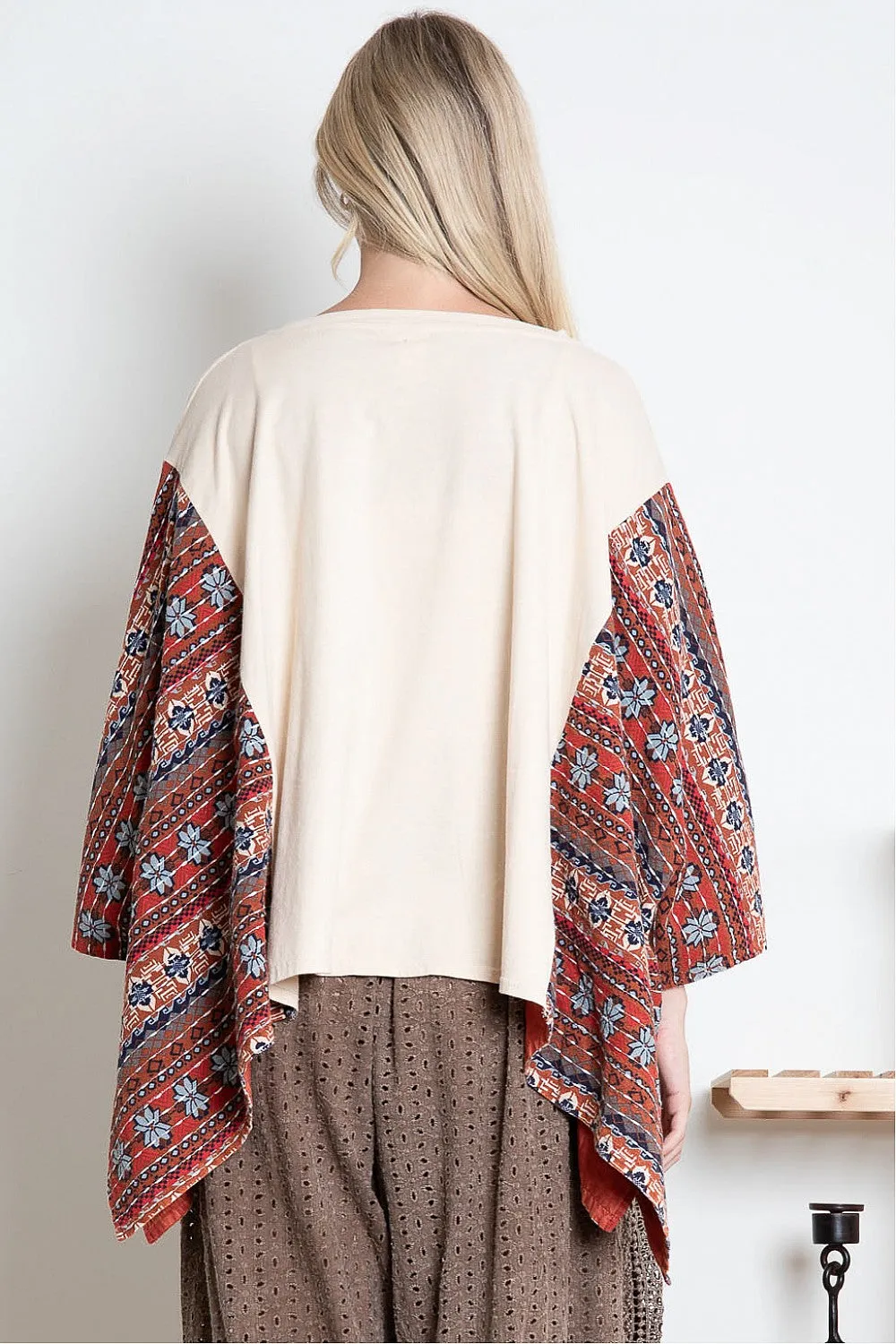 BlueVelvet Sonny & Cher Print Top with Mixed Print Sewn Poncho Sleeves in Beige