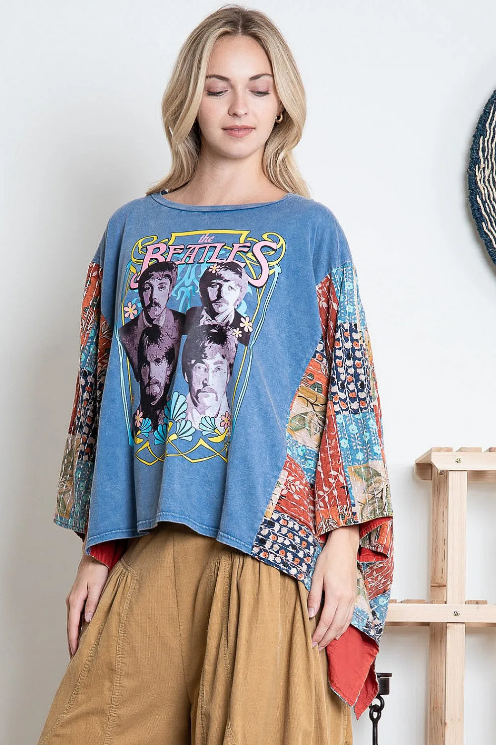 BlueVelvet The Beatles Print Top with Mixed Print Sewn Poncho Sleeves in Dusty Blue