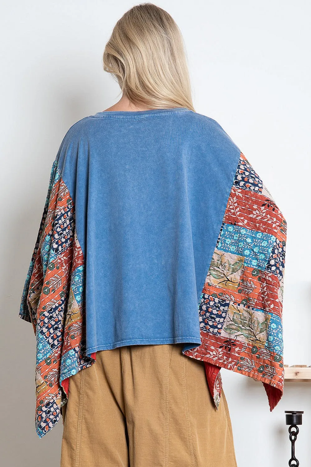 BlueVelvet The Beatles Print Top with Mixed Print Sewn Poncho Sleeves in Dusty Blue