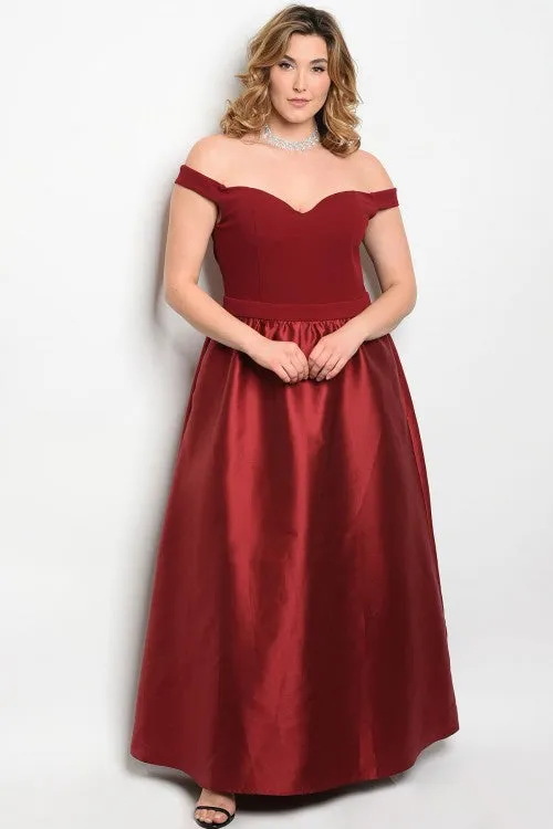 Burgundy A-Line Taffeta Plus Size Gown