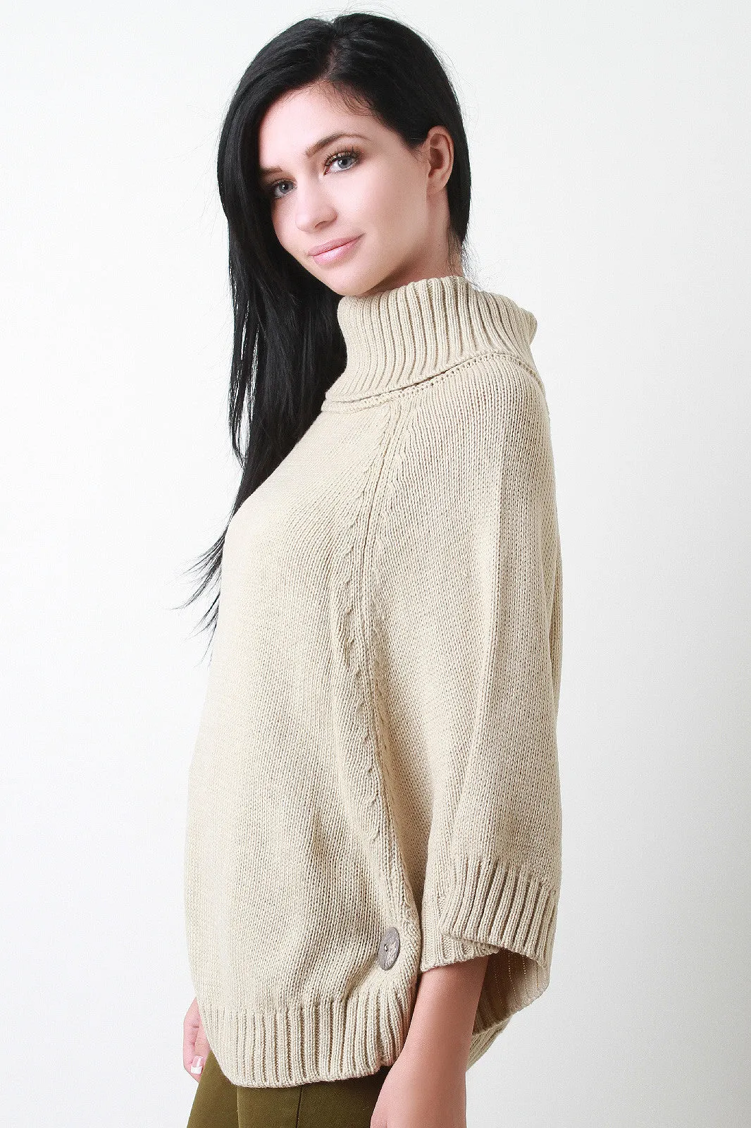 Button Ribbed Knit Turtleneck Poncho