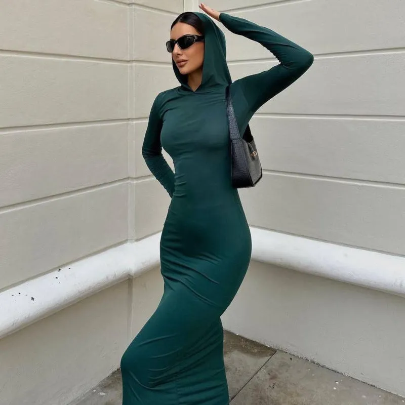 Casual Hooded Bodycon Slim Fit Maxi Dress