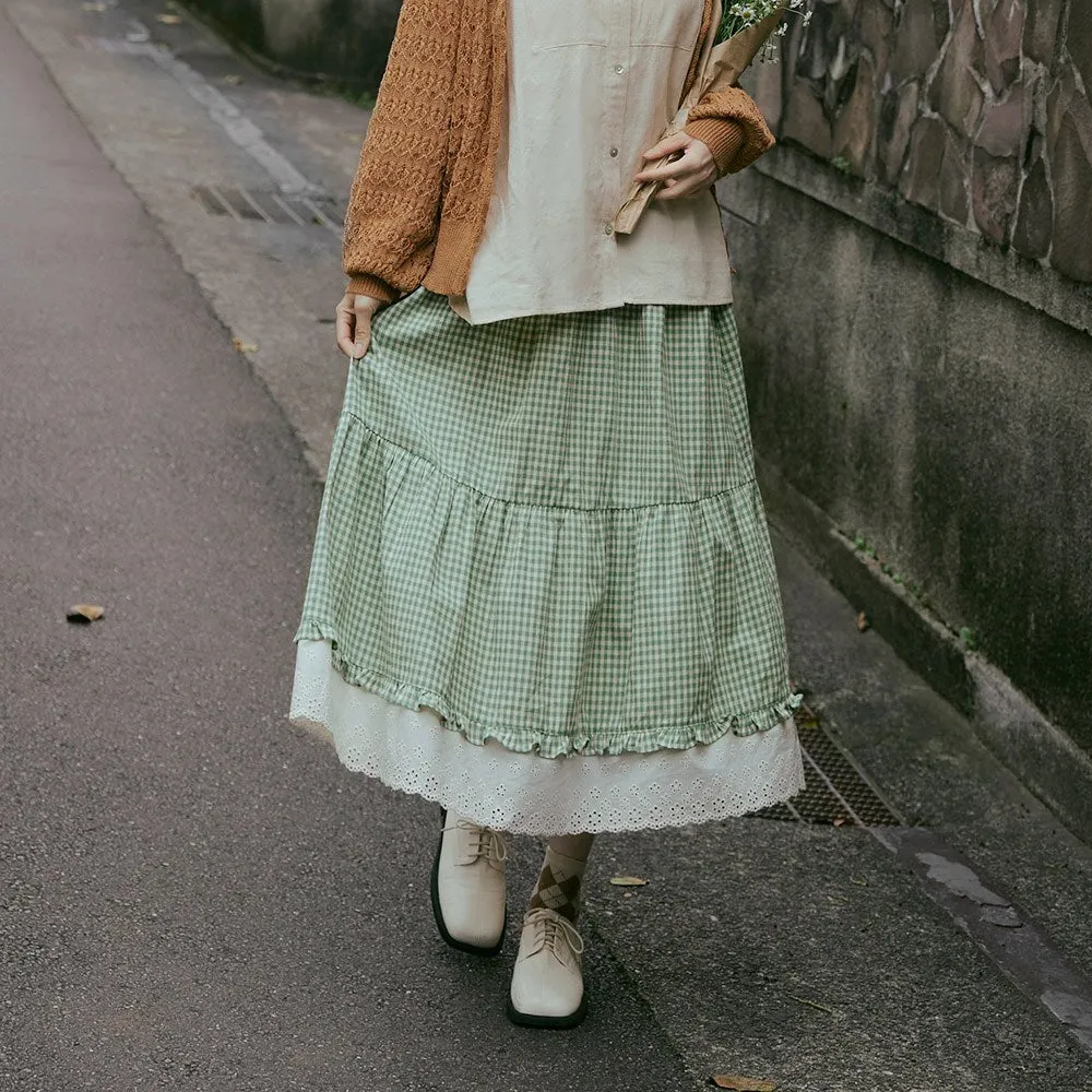 Casual Long Maxi Eyelet Cotton Tiered Plaid Skirt