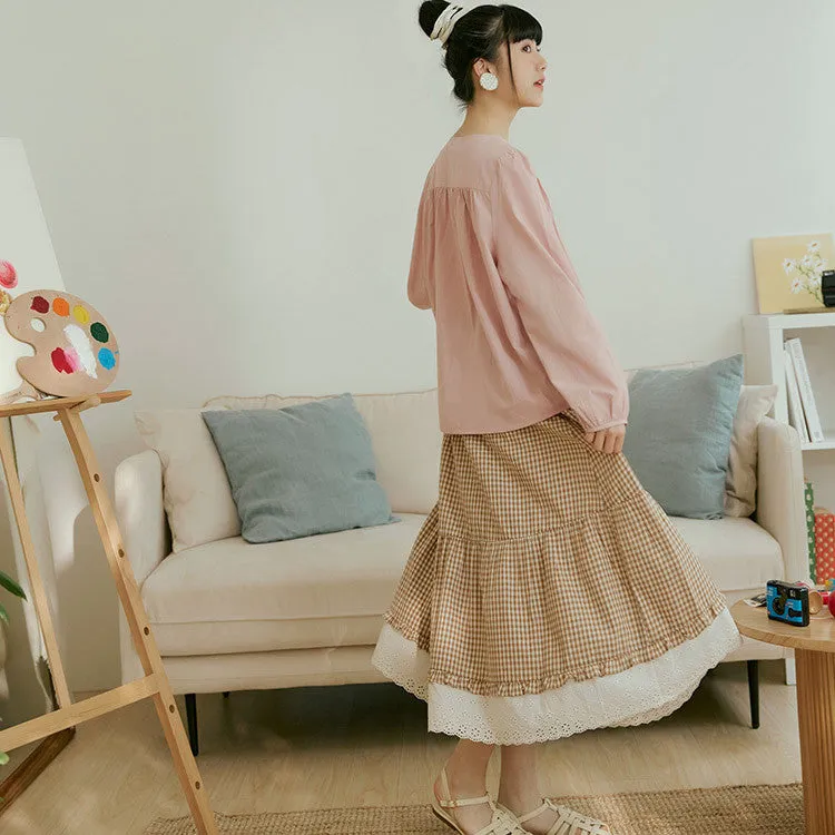 Casual Long Maxi Eyelet Cotton Tiered Plaid Skirt