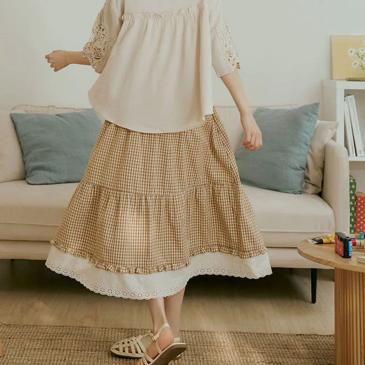 Casual Long Maxi Eyelet Cotton Tiered Plaid Skirt