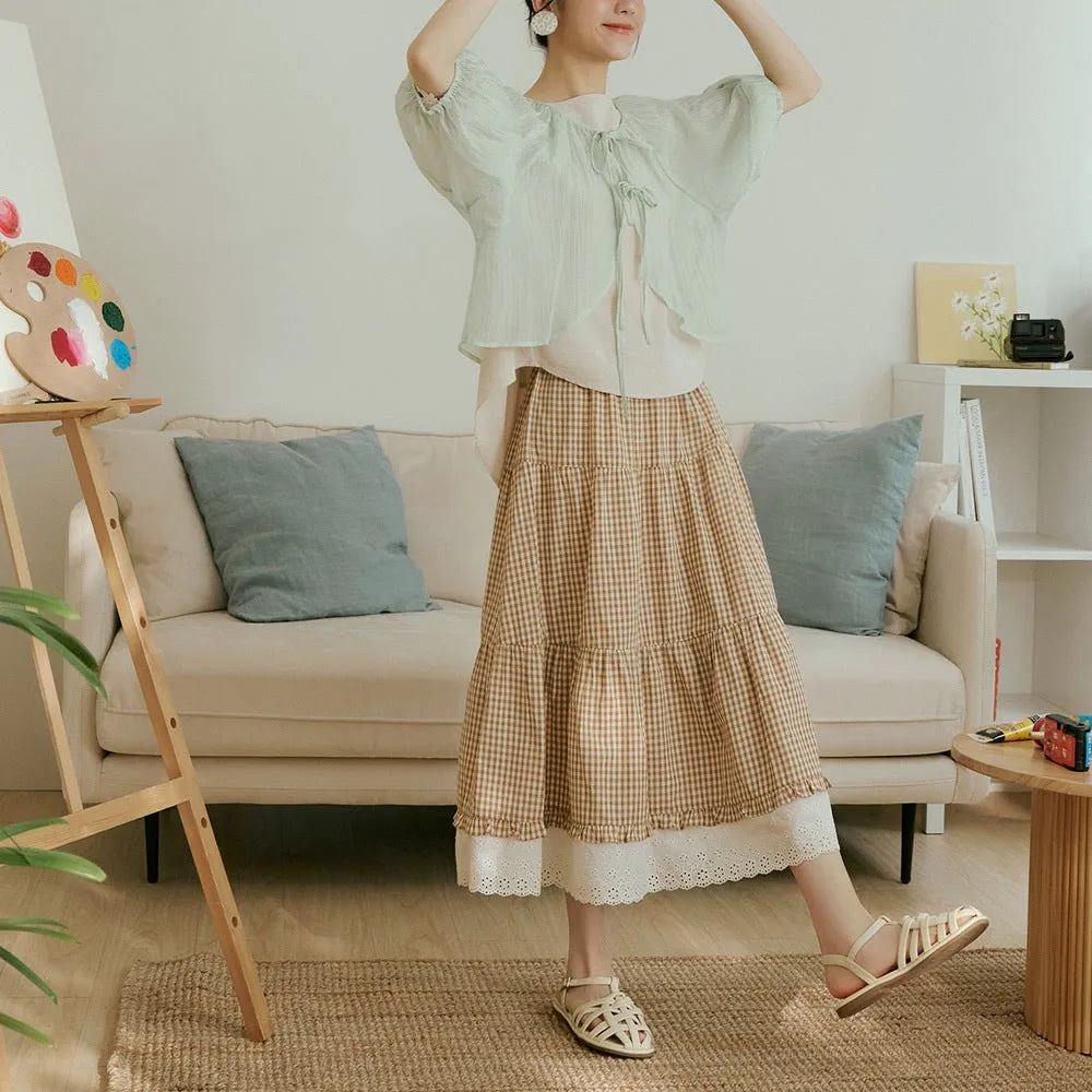 Casual Long Maxi Eyelet Cotton Tiered Plaid Skirt