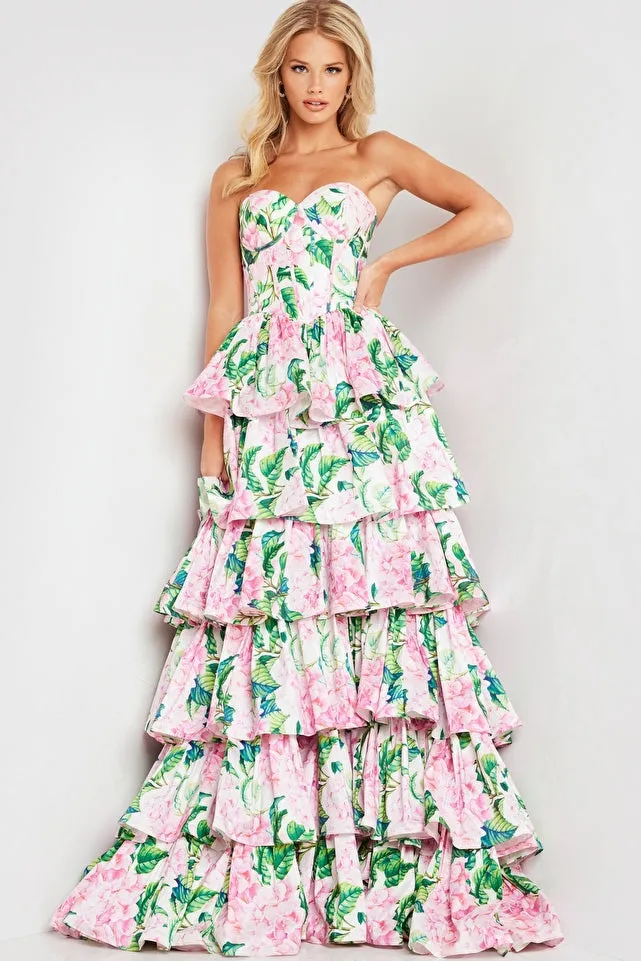 Charlene | Floral Print Satin Strapless Gown | JVN37058