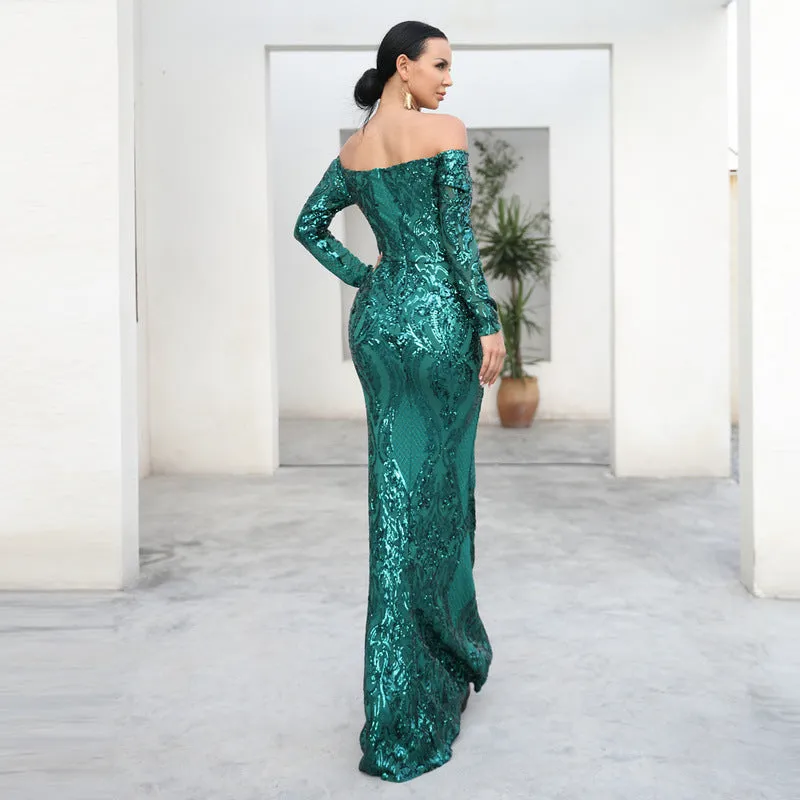 Cocktail Evening Dress Sexy off-Shoulder Long Sleeve Retro Sequined Fishtail Dress