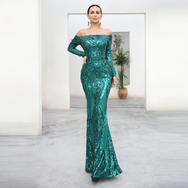 Cocktail Evening Dress Sexy off-Shoulder Long Sleeve Retro Sequined Fishtail Dress