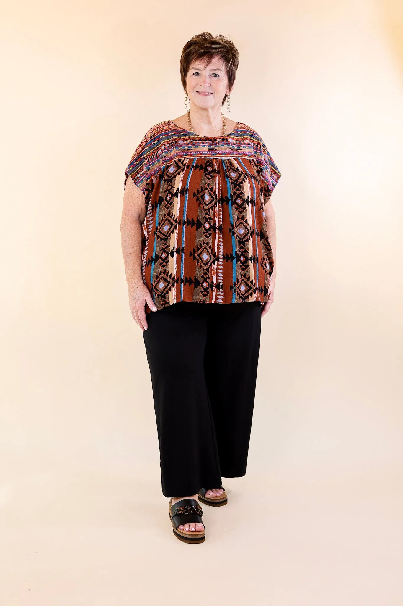 Colors Of The West Aztec Print Embroidered Cap Sleeve Poncho Top in Brown