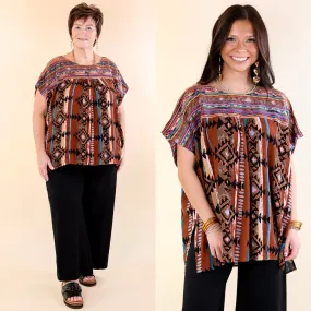 Colors Of The West Aztec Print Embroidered Cap Sleeve Poncho Top in Brown