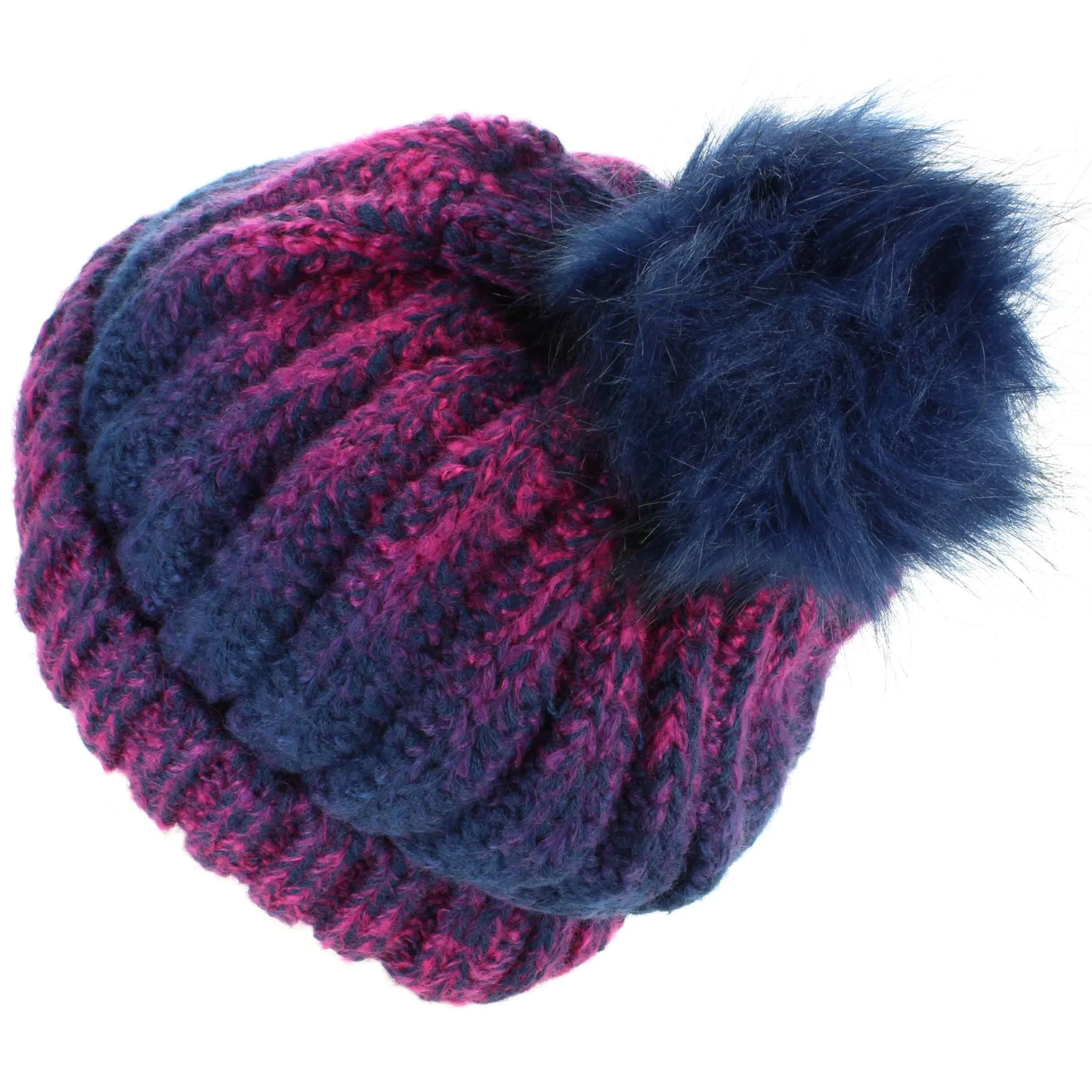 Colour Fade Bobble Beanie Hat with Faux Fur Pom - Navy