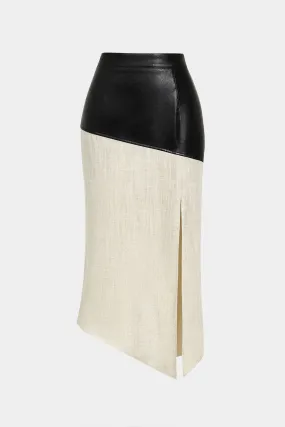 Contrast Faux Leather And Linen Slit Asymmetrical Skirt