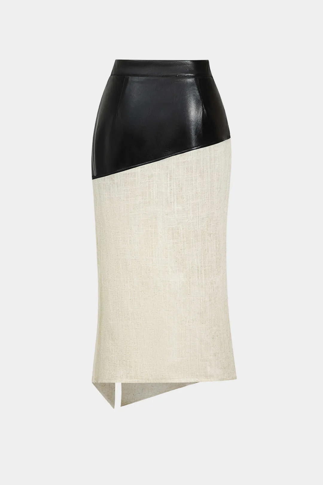 Contrast Faux Leather And Linen Slit Asymmetrical Skirt