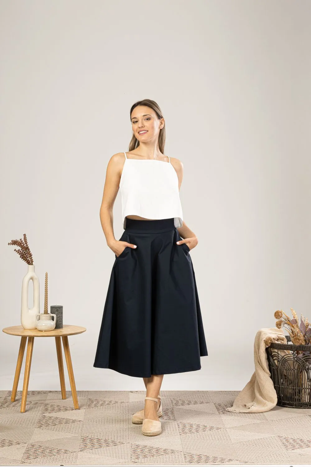 Dark Blue Midi Flared Circle Skirt