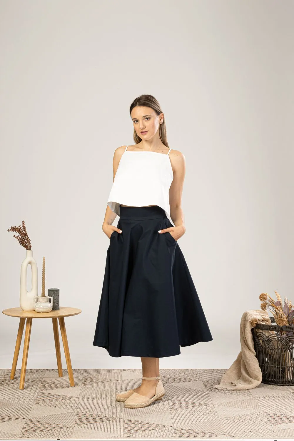 Dark Blue Midi Flared Circle Skirt