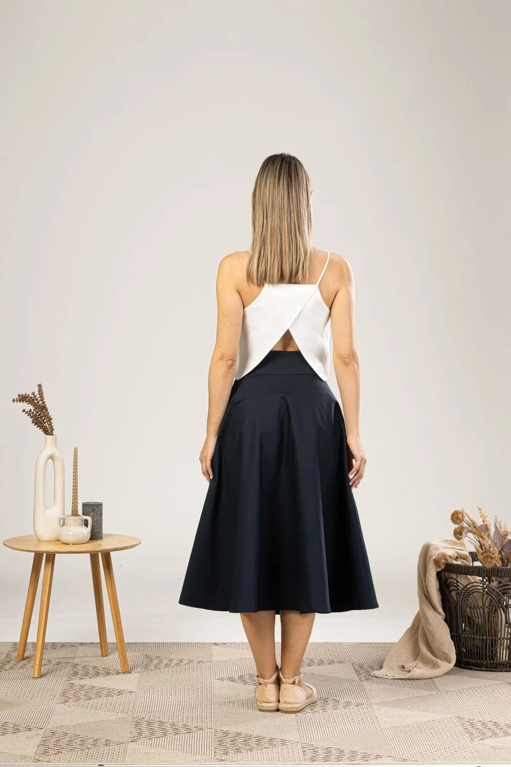 Dark Blue Midi Flared Circle Skirt