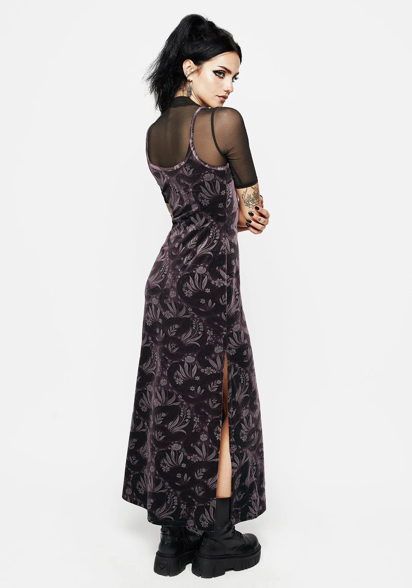 Deception Snake Foil Print Velour Maxi Slip Gown