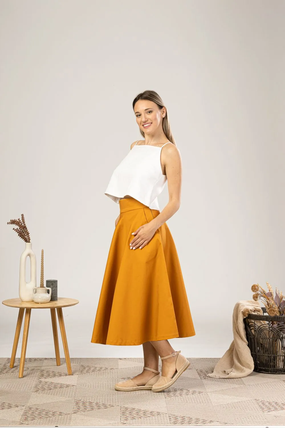 Deep Yellow Midi Flared Circle Skirt