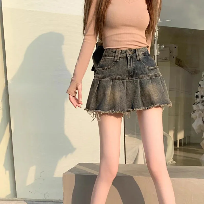 Deeptown Vintage Denim Skirt Women Pleated Sexy Short Skirts Retro Korean Fashion Aesthetics Casual A-line Streetwear Jean Skirt