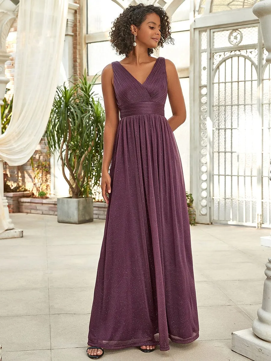 Double V Neck Floor Length Sparkly Evening Dresses for Party