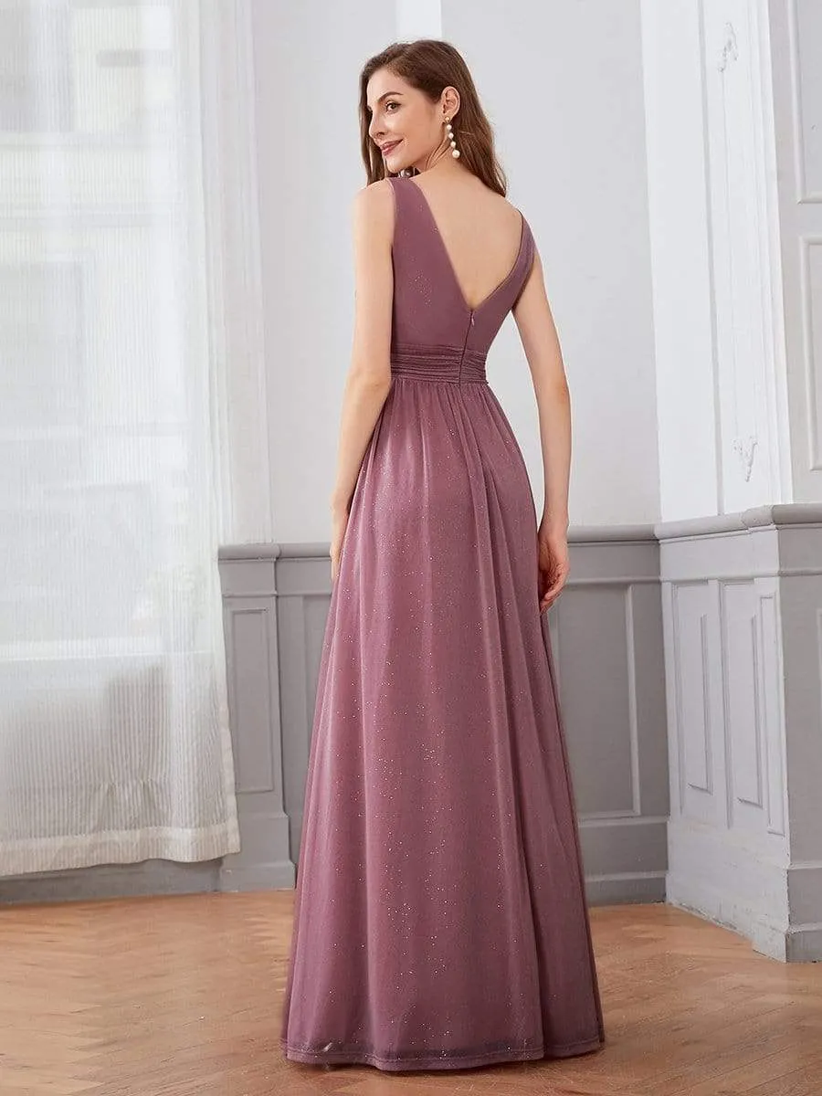 Double V Neck Floor Length Sparkly Evening Dresses for Party