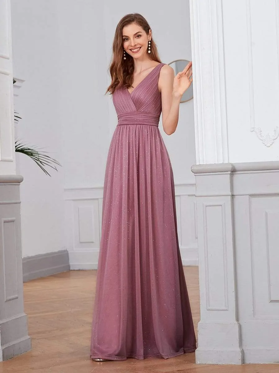 Double V Neck Floor Length Sparkly Evening Dresses for Party