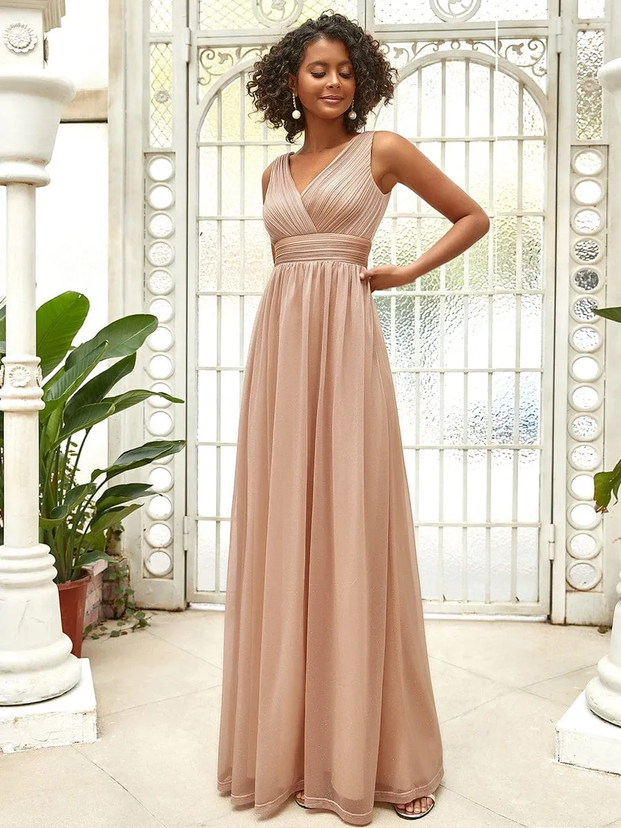 Double V Neck Floor Length Sparkly Evening Dresses for Party