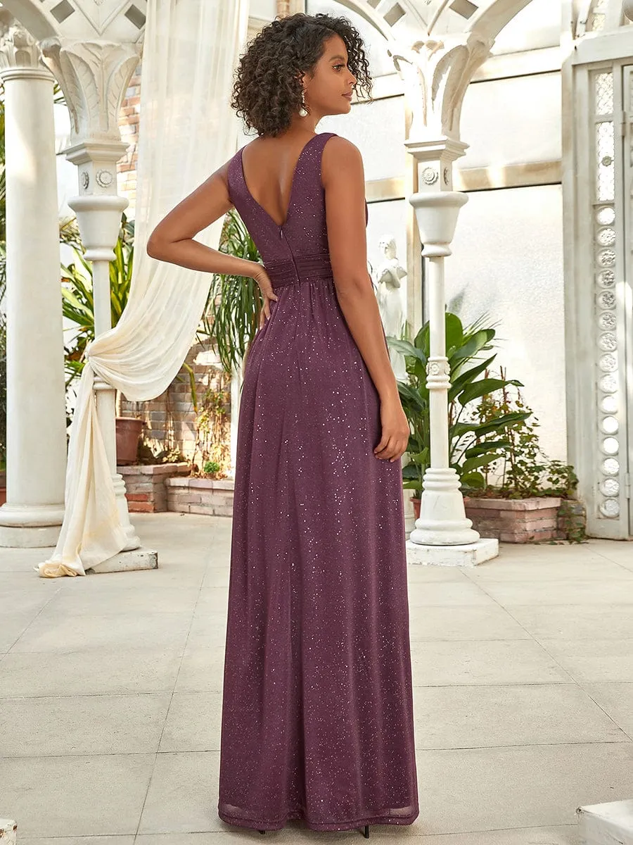 Double V Neck Floor Length Sparkly Evening Dresses for Party