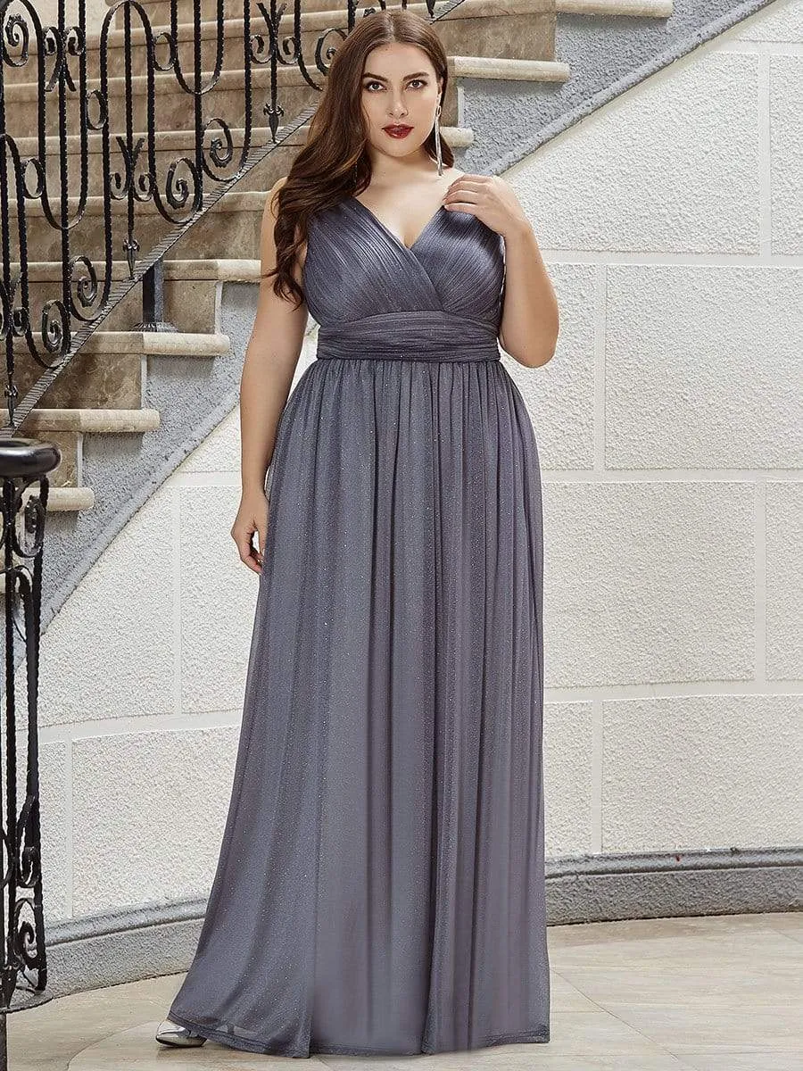 Double V Neck Maxi Long Plus Size Sparkly Evening Dresses for Party