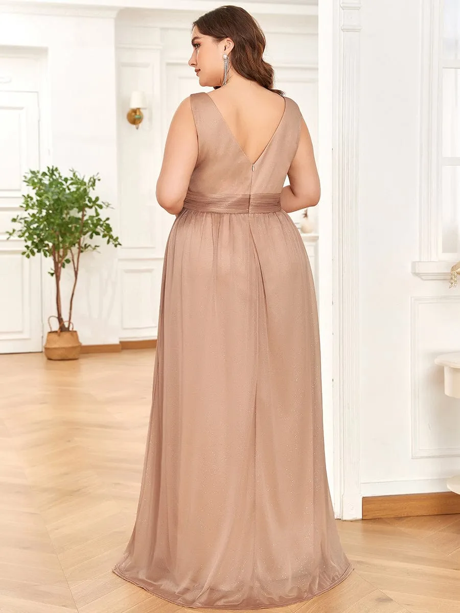 Double V Neck Maxi Long Plus Size Sparkly Evening Dresses for Party