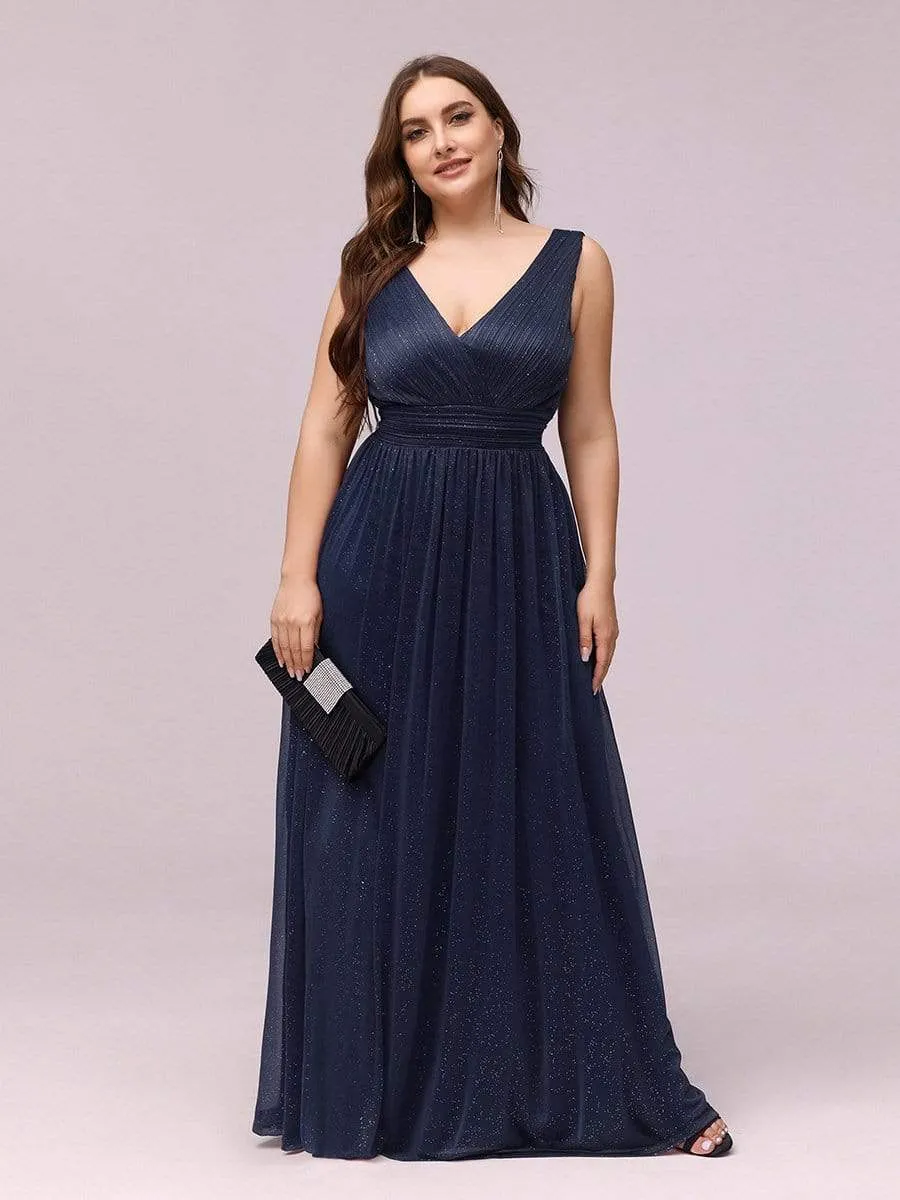 Double V Neck Maxi Long Plus Size Sparkly Evening Dresses for Party