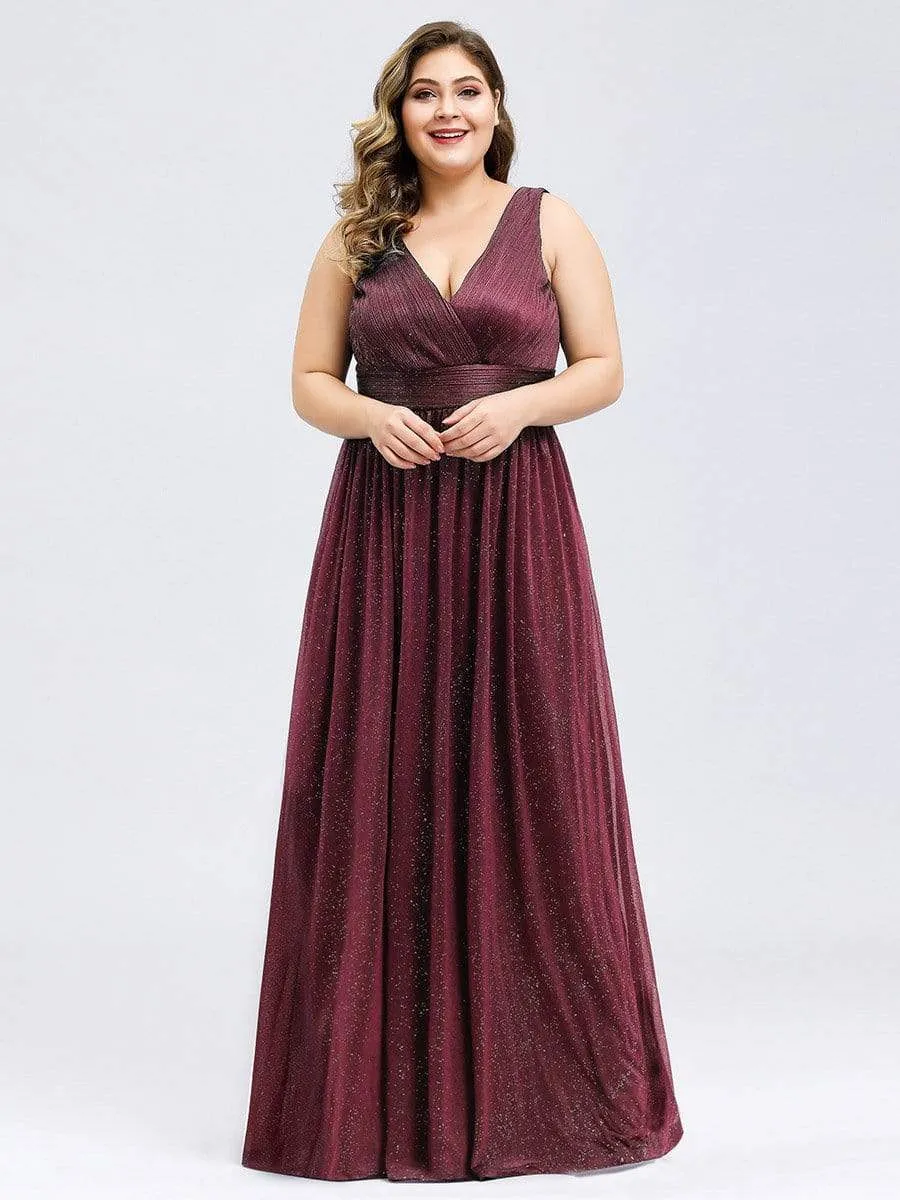 Double V Neck Maxi Long Plus Size Sparkly Evening Dresses for Party