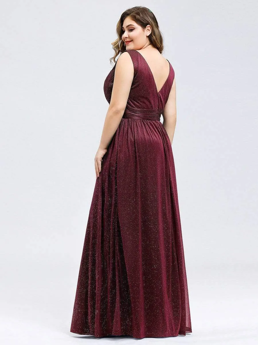 Double V Neck Maxi Long Plus Size Sparkly Evening Dresses for Party