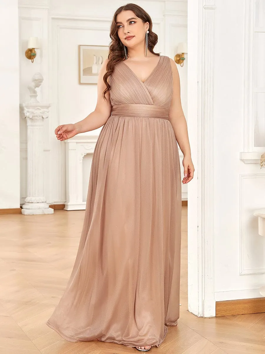 Double V Neck Maxi Long Plus Size Sparkly Evening Dresses for Party