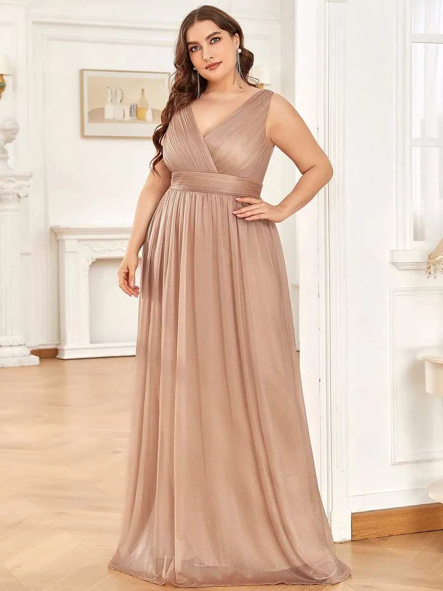 Double V Neck Maxi Long Plus Size Sparkly Evening Dresses for Party