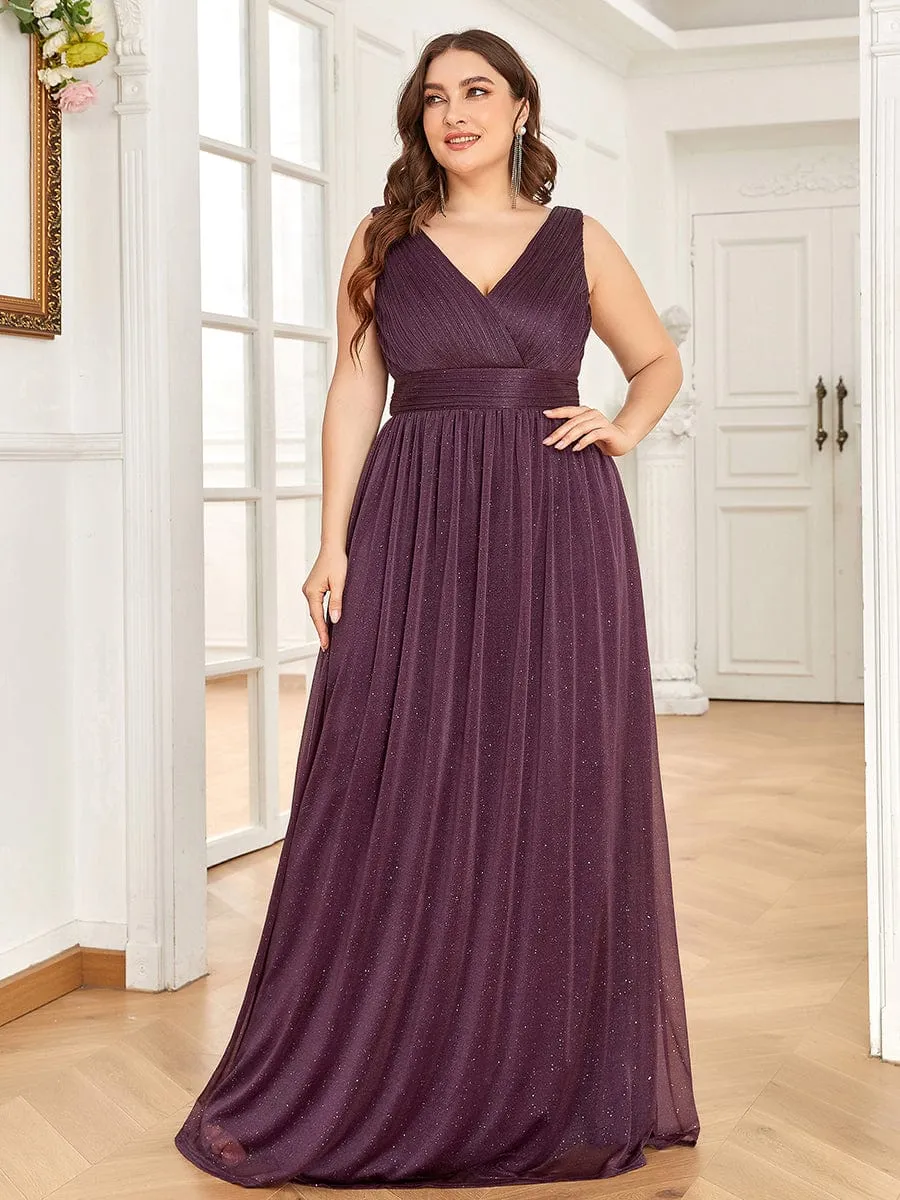 Double V Neck Maxi Long Plus Size Sparkly Evening Dresses for Party