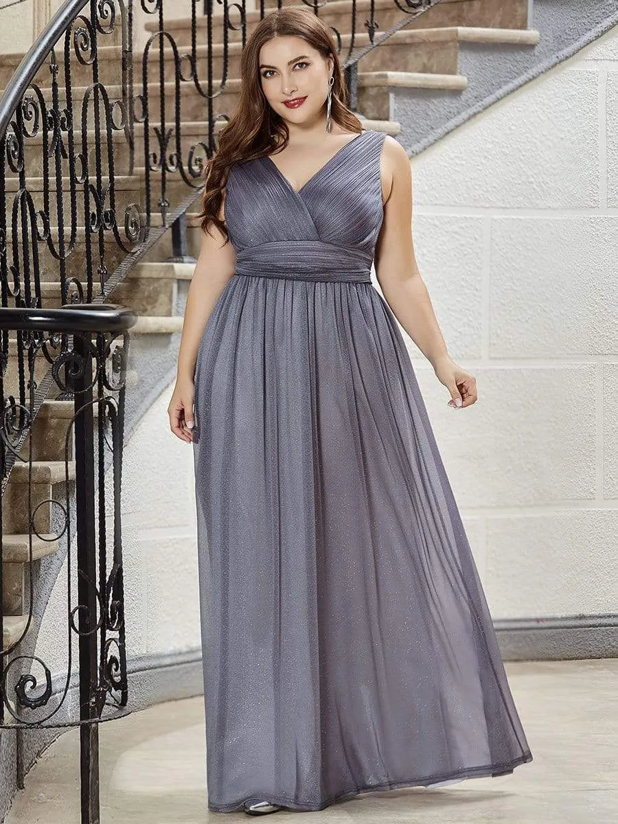 Double V Neck Maxi Long Plus Size Sparkly Evening Dresses for Party