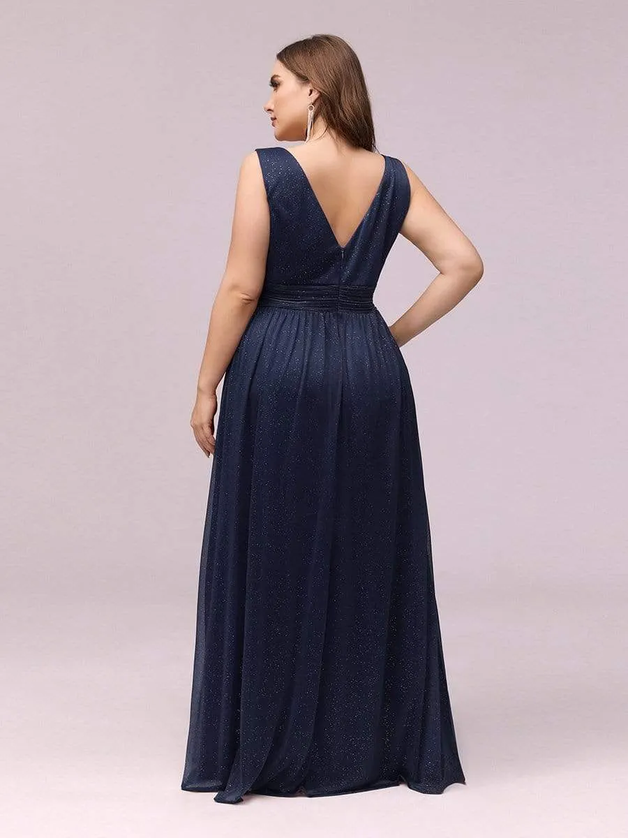 Double V Neck Maxi Long Plus Size Sparkly Evening Dresses for Party