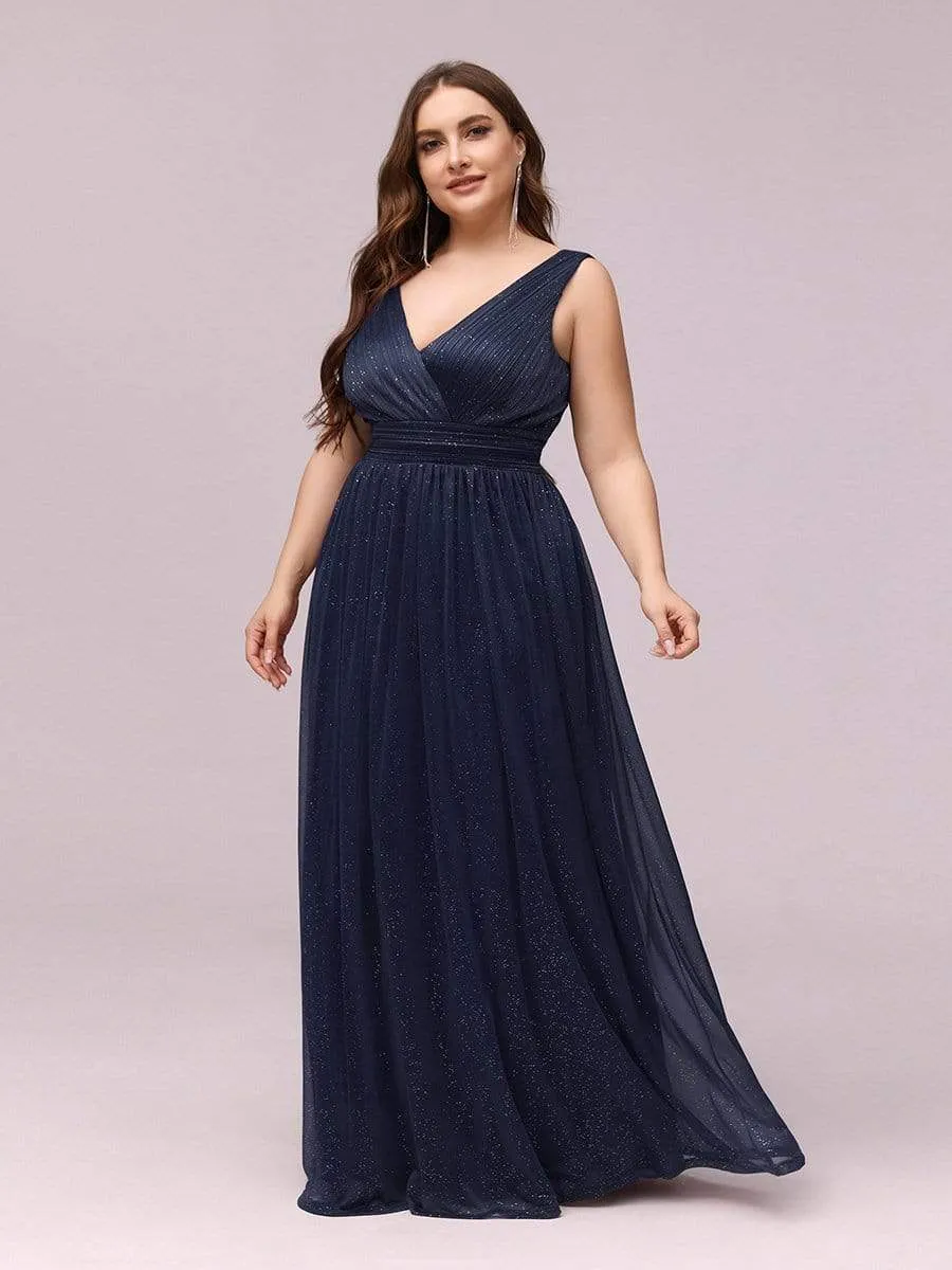 Double V Neck Maxi Long Plus Size Sparkly Evening Dresses for Party