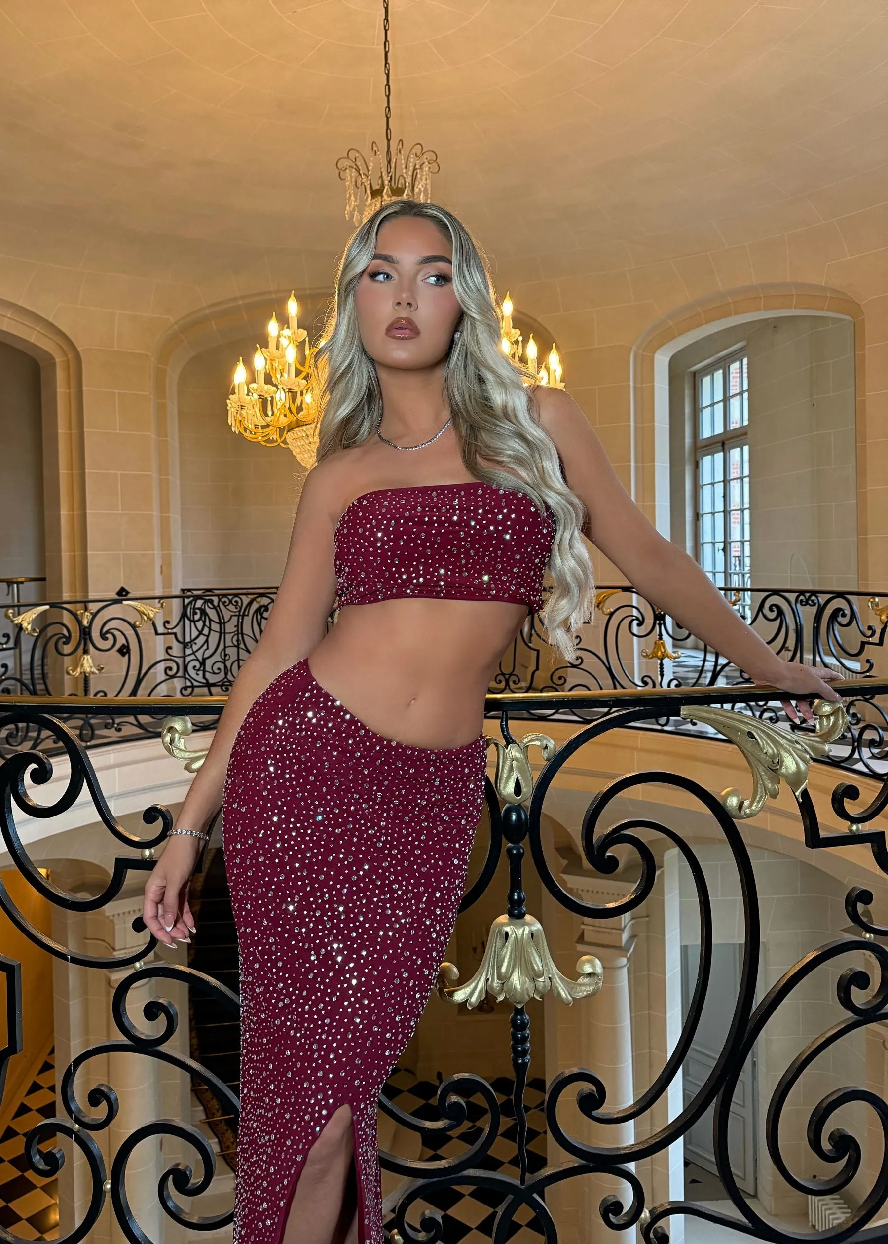 Drive Them Wild Embellished Two Piece - Burgundy