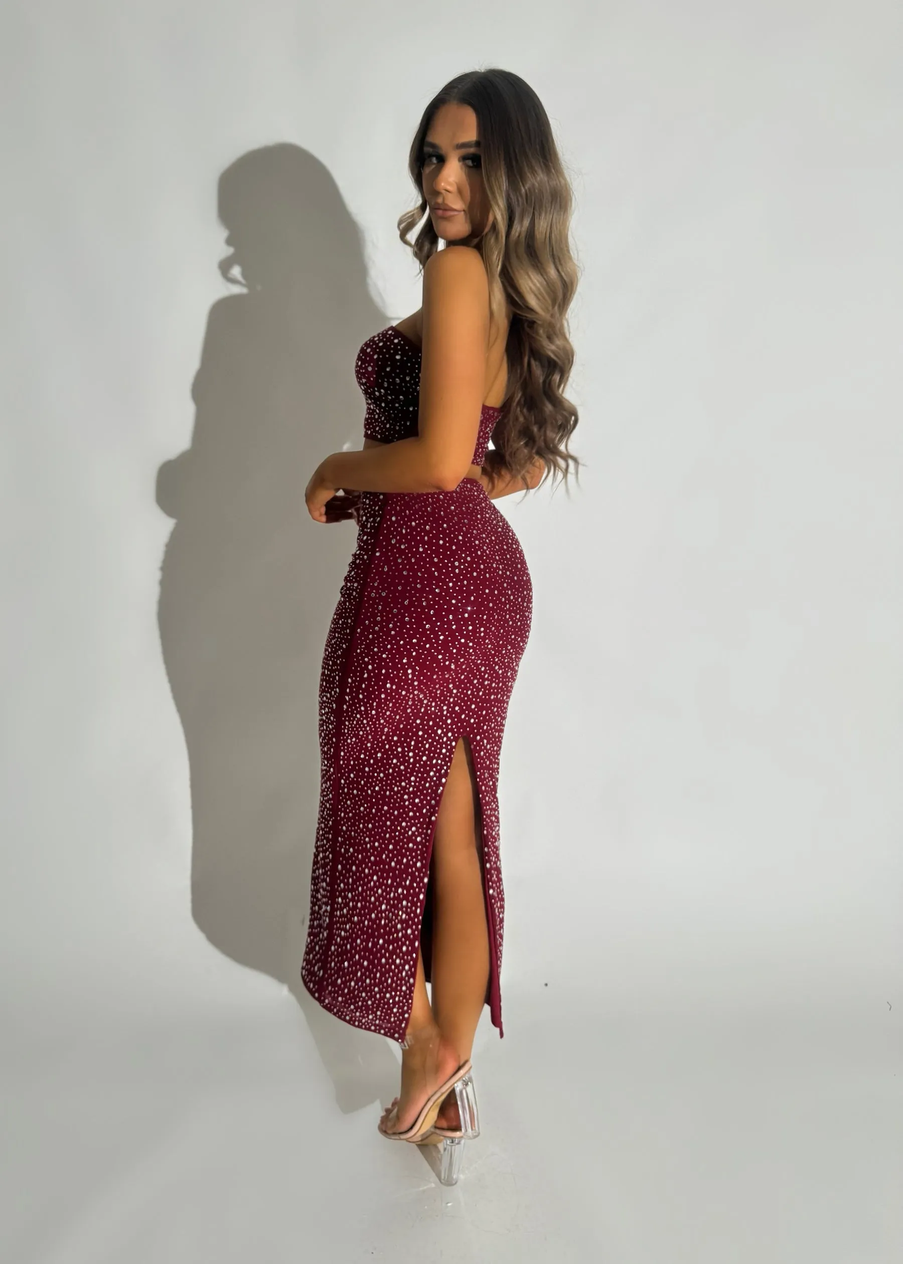 Drive Them Wild Embellished Two Piece - Burgundy