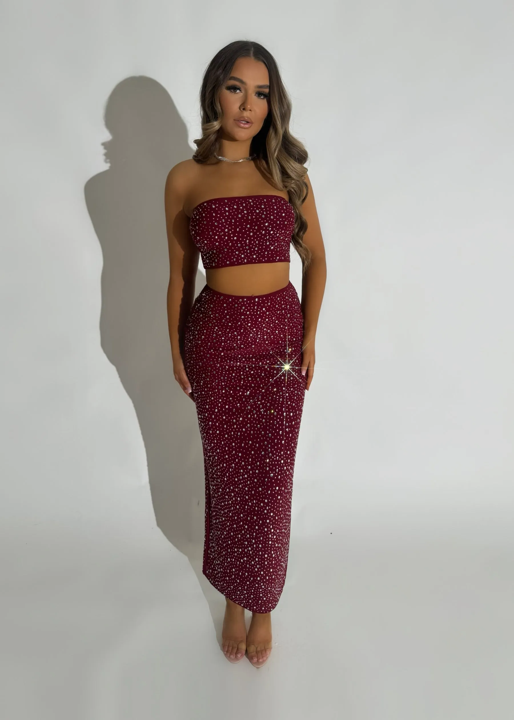 Drive Them Wild Embellished Two Piece - Burgundy