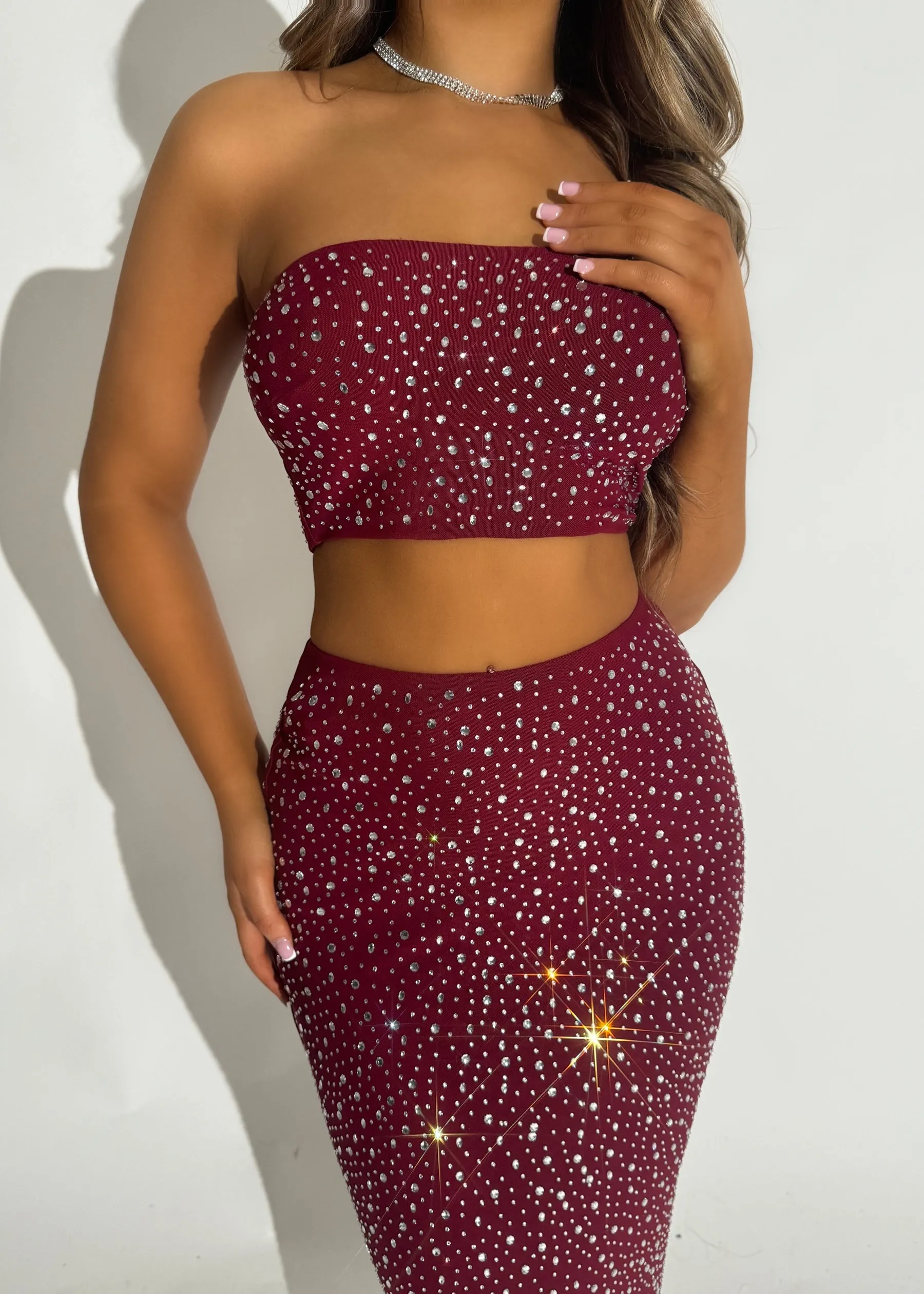 Drive Them Wild Embellished Two Piece - Burgundy