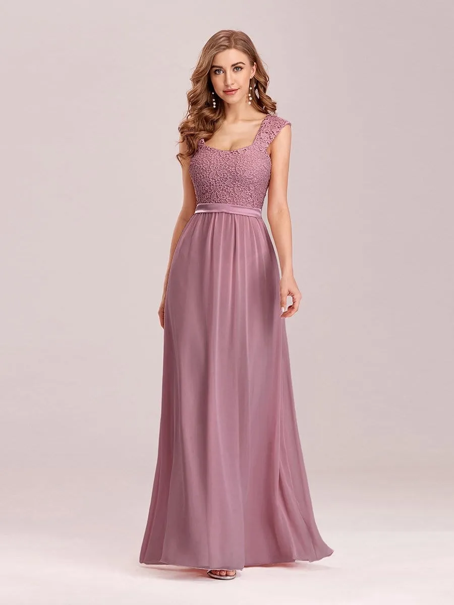 Elegant A Line Long Chiffon Bridesmaid Dress With Lace Bodice