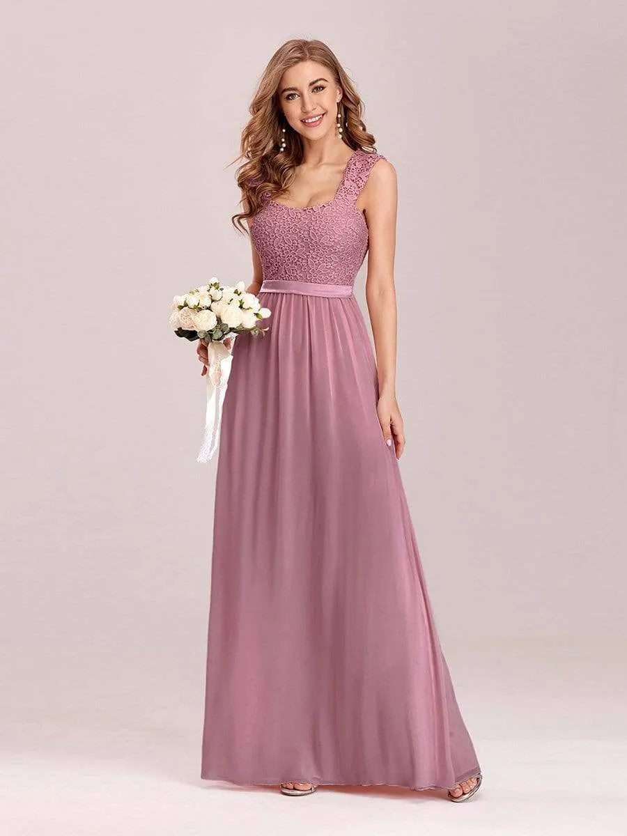 Elegant A Line Long Chiffon Bridesmaid Dress With Lace Bodice