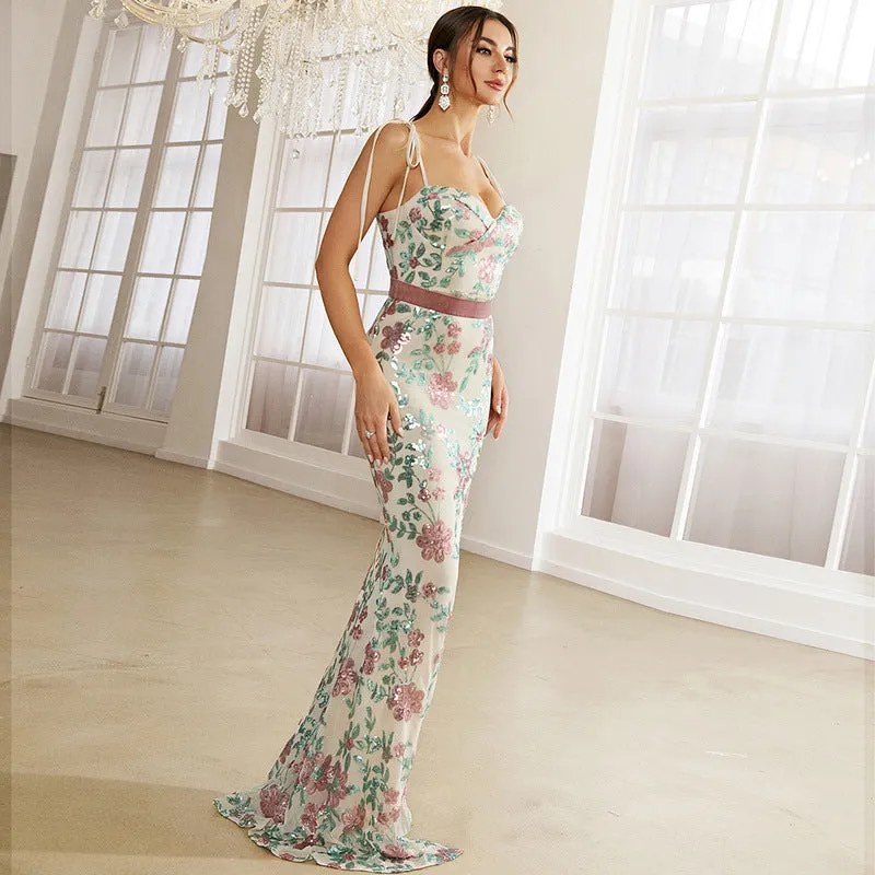 Elegant Boat Neck Sequined Cocktail Sheath Fishtail Evening Dress